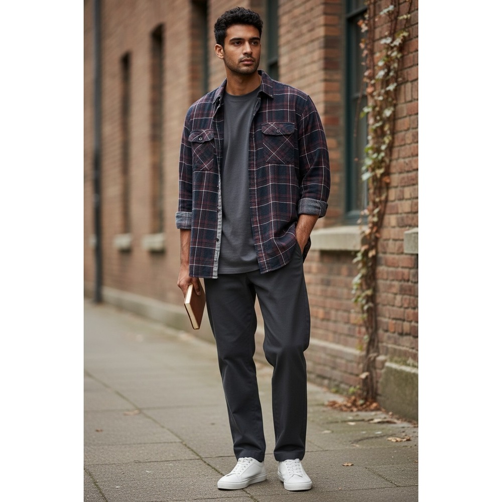 MBX Premium Goods Mens Flannel Button Down Shirt Navy Blue Burgundy Plaid‎ Large